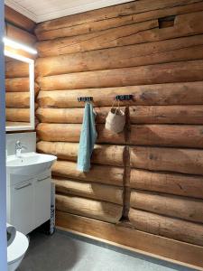 a bathroom with a wooden wall at The Fryksås Chamber in Orsa