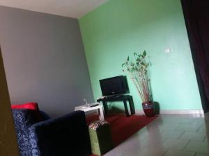 - un salon avec une télévision, un canapé et une table dans l'établissement Résidence Janamaev, à Yaoundé