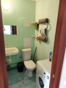 a bathroom with a toilet and a sink and a washing machine at Apartment on Dmitriy Kozlova 9 in Samara