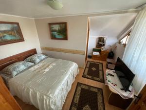 Un dormitorio con una cama y un televisor. en Pensiunea Cristiana, en Curtea de Argeş