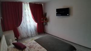 a bedroom with a bed and a tv and a window at Apartament Cristian Relax in Olimp