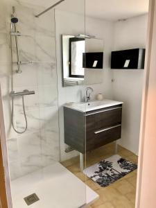 a bathroom with a sink and a glass shower at La Closerie - trois chambres in Vicq-sur-Gartempe