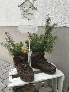 Un par de botas con árboles de Navidad en una mesa en Ferienwohnung Stafflel - Wohlfühlen im Odenwald, en Schmal-Beerbach