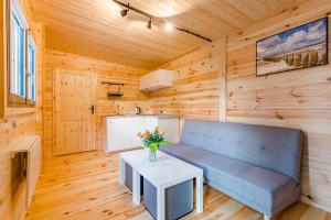 a living room with a couch and a table at Domki u Moni in Karwieńskie Błoto Pierwsze +21 photos