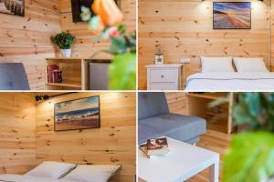a collage of pictures of a room with a bed and a table at Domki u Moni in Karwieńskie Błoto Pierwsze