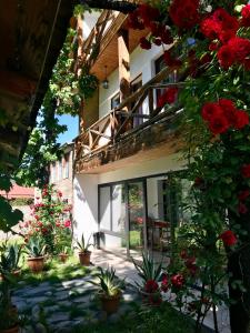 una casa con fiori rossi e piante in un cortile di Hotel Chubu a Mestia