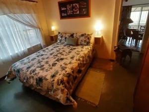 a bed in a bedroom with a dog standing next to it at Goederus Guest Farm in Sterkspruit