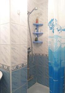 a bathroom with a shower with a shower curtain at Deribasovskaya 16 in Odesa +13 photos