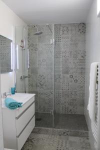 a bathroom with a shower and a white sink at MAGNIFIQUES APPTS à côté DE LA PLAGE in Andernos-les-Bains