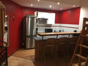 cocina con paredes rojas y nevera en Studio 4 personnes, en Rivière-sur-Tarn