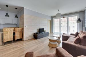 uma sala de estar com um sofá e uma televisão em Grand Apartments - Davos Apartment Gdańsk Szafarnia River View em Gdansk