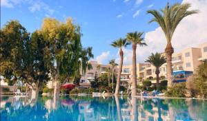 een groot zwembad met palmbomen en gebouwen bij Best Apt In Paphos! in Paphos City