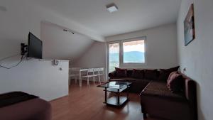 ein Wohnzimmer mit einem Sofa und einem Tisch in der Unterkunft Apartman Trifunović Sokobanja in Sokobanja