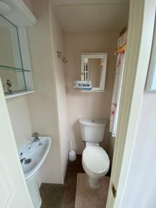 uma pequena casa de banho com WC e lavatório em “Ty Hir Caravan” Moelfre em Moelfre