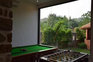 a room with a pool table and a large window at Tree of Life Vanvilas Riveredge Corbett in Rāmnagar
