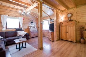 a living room with a couch and a tv in a log cabin at Andrzejówka in Kocoń