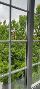 a window with a view of trees at Central Apartments Ogarna 3 in Gdańsk
