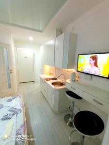 a bathroom with a sink and a tv on a counter at Garden Love on Deribasovskaya in Odesa