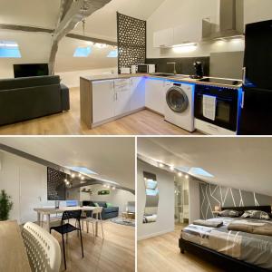 a kitchen and living room of a apartment with a bed and a dining room at LE MOBILE - Climatisé - Proche de la gare - Centre ville-PROPERTY RENTAL NM in Périgueux