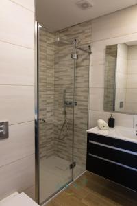 a bathroom with a glass shower and a sink at AgrellaMar - by TonsdeVerde in Braga