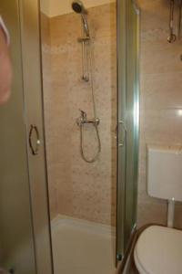 La salle de bains est pourvue d'une douche, de toilettes et d'une porte en verre. dans l'établissement Apartment in Palit with Terrace, Air conditioning, Wi-Fi (4603-1), à Mundanije