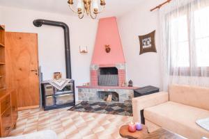 sala de estar con chimenea y sofá en Vast Emerald, the only house in Kavourotrypes, en Sarti