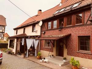two dogs are standing outside of a brick house at Lissy‘s alte Schmiede in Kleinwerther
