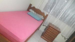 a small bedroom with a pink bed and a blue pillow at Pousada Família Limas in Joinville