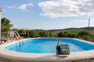 a bottle of champagne sitting next to a swimming pool at Holiday Home Sego with Private Pool in Veliki Broćanac