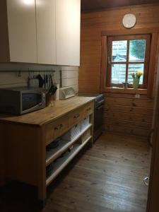 a kitchen with a counter with a microwave and a window at Laras Ferienhaus in Worpswede