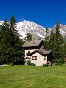 a house in a field with a snow covered mountain at Hotel Cristallo in Macugnaga