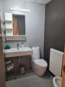 y baño con lavabo, aseo y espejo. en Apartamentos Dos Torres Arwen - Balcones con vistas, en Zaragoza