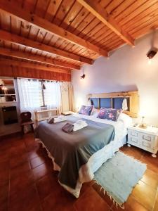 Un dormitorio con una cama grande en una habitación con techos de madera. en Raíces B&B Boutique en Sierra de la Ventana