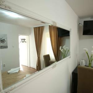 a mirror on the wall of a living room at Apartments & Dream Rooms in Niš