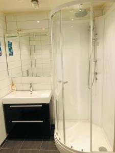 a bathroom with a shower and a sink at 7 Roms Gjeste leilighet in Alstahaug