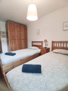 1 dormitorio con 2 camas con almohadas azules en Mirador de Leres, en Jaca