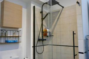La salle de bains est pourvue d'une douche avec une porte en verre. dans l'établissement Magnolia : Superbe deux-pièces quartier du Château, à Pau