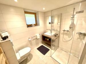 a bathroom with a shower and a toilet and a sink at Mama Trixi‘s Ferienwohnungen in Amlach +16 photos