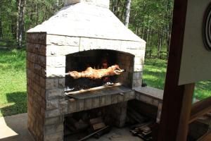 a brick oven with a turkey cooking in it at Alexandar Holiday Apartments and Cottage in Rudanovac