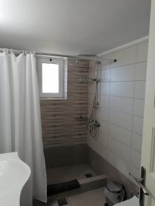 y baño con ducha y cortina de ducha. en Nicole Apartment, en Perdika