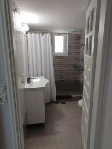 a bathroom with a shower and a sink and a toilet at Nicole Apartment in Perdhika
