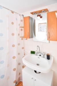 un bagno con lavandino e tenda da doccia di Vast Emerald, the only house in Kavourotrypes a Sárti