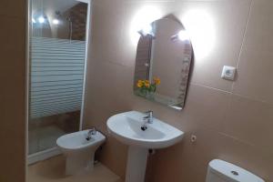 uma casa de banho com um lavatório, um espelho e um WC. em Casa Arangol em Pedruel