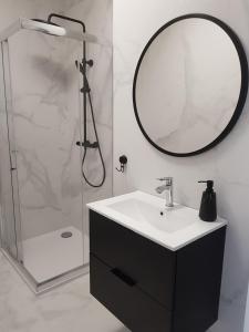 科沃布熱格的住宿－Apartament Azzurro Porta Mare Baltica Kołobrzeg，浴室配有盥洗盆和带镜子的淋浴