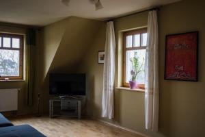 ein Wohnzimmer mit einem TV und 2 Fenstern in der Unterkunft Ferienhaus Schiller in Waren (Müritz)