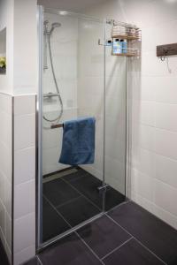 een douche met een blauwe handdoek in de badkamer bij Reseda apartment in Alblasserdam