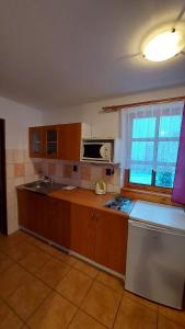a kitchen with a microwave and a stove top oven at Pension U Štěpánků in Trpišovice
