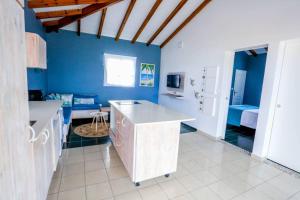 a kitchen with blue walls and a white counter top at Aigue-marine in Sainte-Anne