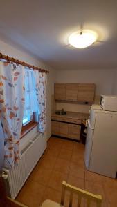 a kitchen with a white refrigerator and a window at Pension U Štěpánků in Trpišovice