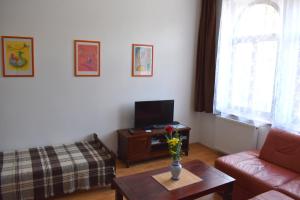 uma sala de estar com um sofá e uma mesa em Apartmány Lenka em Karlovy Vary